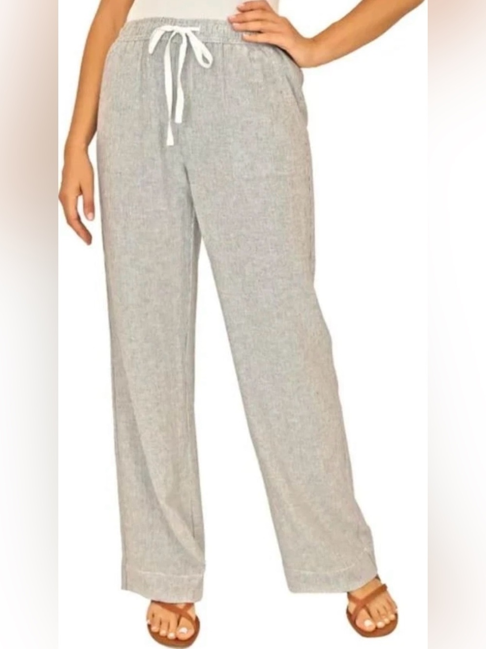 Briggs New York Light Gray Wide Leg Drawstring Linen-Blend Pants